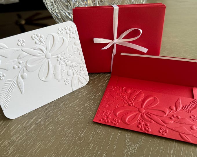 Set of 8 3D Deep Embossed Holiday Floral Swag Stationery, Red and White ...