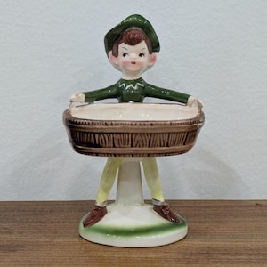 Vintage Enesco Japan Pixie Elf Korb Schmuckschale Keramik Mid Century 6”