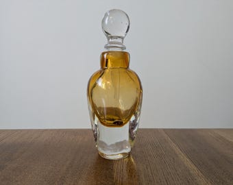 Vintage Blown Glass Perfume Bottle, Amber and Clear Art Glass Decanter, Sculptural Vanity Bottle with Stopper