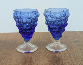 Vintage Cobalt Blue Grape Cordial Glasses, Bubble Pattern Mini Goblets, Small Blue Dessert Wine Glasses, Vintage Barware Set of 2
