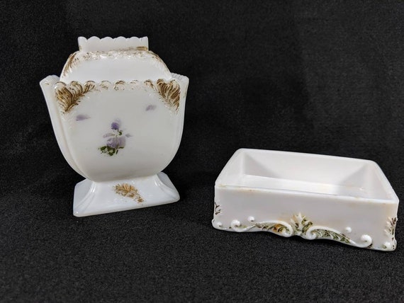 Vtg Milk Glass Victorian Dresser Vanity Set Gold Scrolls With Hand Painted Flowers Covered Dish