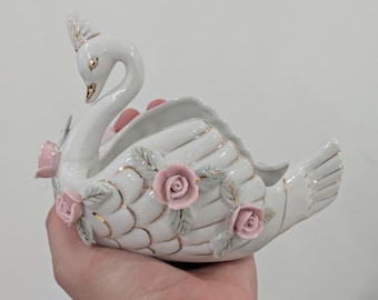 Vintage Ceramic Swan Planter with Pink Roses, White Glossy Swan Vase, Floral Figurine Decor