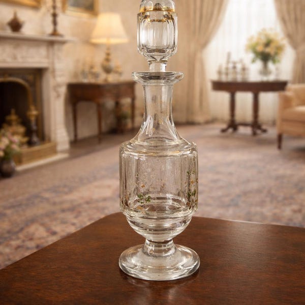Frasco de perfume antiguo de vidrio soplado a mano, esmaltado con aroma floral, decoración de tocador victoriana, tapón con detalle dorado.
