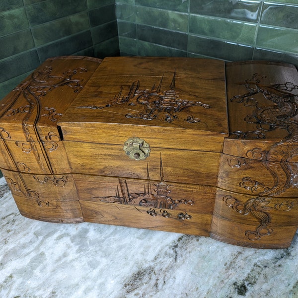 Large Carved Wood Dragon Chinese Jewelry Storage Box