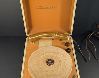 LISTEN! *Working* Vintage Columbia Suitcase Record Player Model 312 Tan Portable Turntable 3 Speed 78 45 33 Retro Art Deco