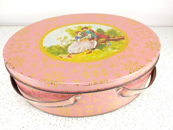 Vtg Pink Victorian Tin With Gold Accents Double Handle Etsy