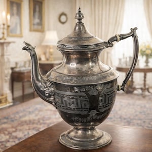 1860s Antique Redfield & Rice Silverplate Teapot/Coffee Pot New York Ornate Victorian Coffee Pot Greek Key Engraved Vintage Serving Piece