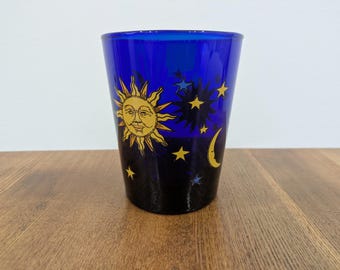 Vintage Libbey Celestial Cobalt Blue Old Fashioned Glass, Sun Moon Stars Rocks Glass, 1990s Astrology Lowball Tumbler