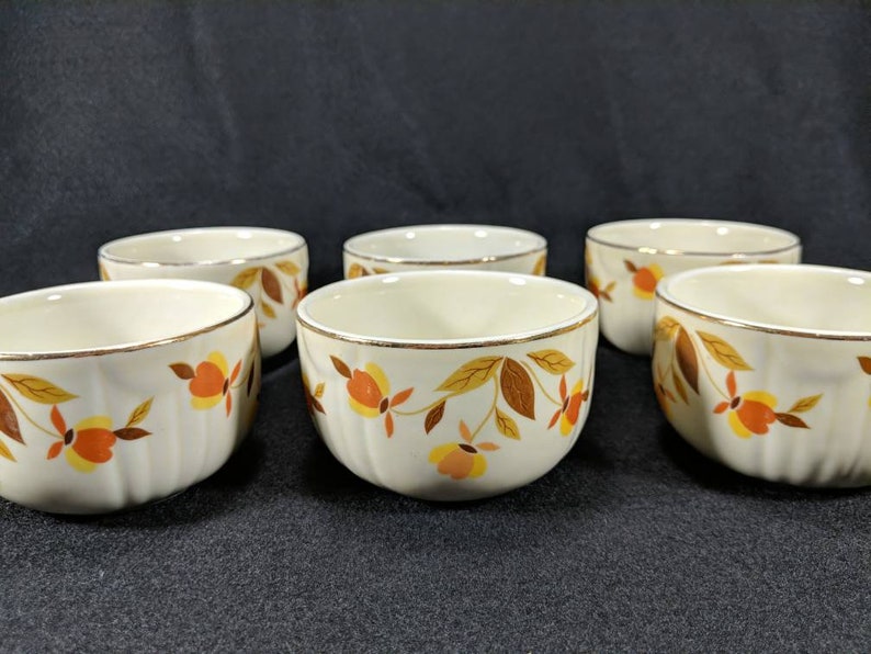 Jewel Tea Dishes Vtg Hall Autumn Leaf Custard Cups Set Of 6 Bowls Dining Serving Aabenthus Cbs Dk
