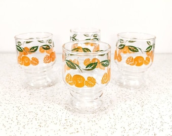 Vtg Orange Juice Glasses Set of 4 - Oranges and Green Leaves - 1960's Juice Glasses