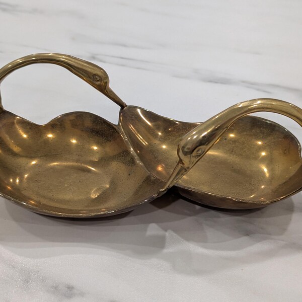 Vintage Solid Brass Double Swan Trinket Dish, Brass Vanity Tray, Swan Ring Dish, Hollywood Regency Brass Decor