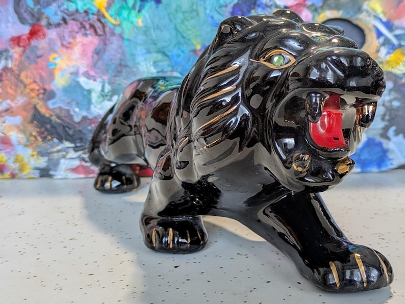 Mid-Century Roaring Black Lion Ceramic Figure, 50s Japan Jeweled Eyes