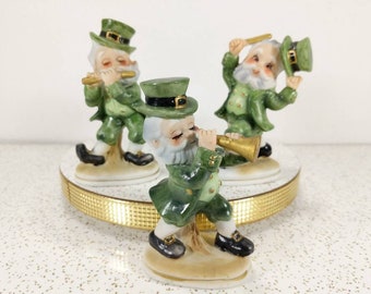 Vtg St. Patrick's Leprechaun's Figurines Set of 3 - Playing Instruments - Dancing Green Figures by Lefton