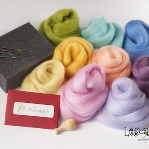 Starter kit needle felting with wool in pastel colours