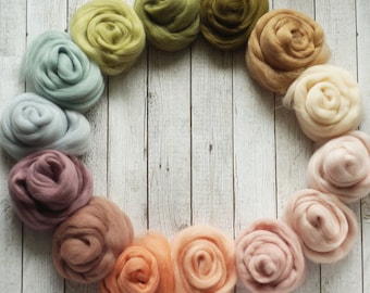 May include: A circle of colourful wool rovings in shades of green, blue, pink, and brown. The rovings are arranged in a gradient pattern, starting with green and ending with brown.