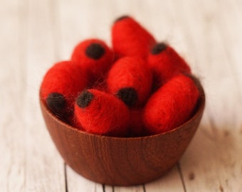 10 felted rose hips made from sheep's wool