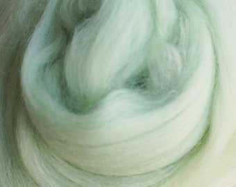 May include: A close-up of a light green wool roving. The roving is soft and fluffy, and it is perfect for felting or spinning.