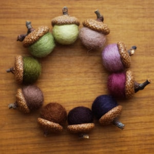 Beautiful autumn decoration - 10 felt acorns in shades of purple, brown and green