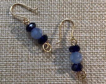 Blue crystal earrings set on bronze wire, handmade