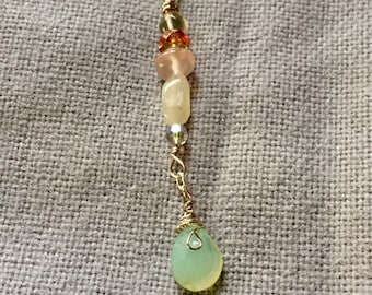 Multi-gem Y necklace, Boho Necklace with Chalcedony Briolette, Green Quartz, Amethyst and Sterling silver