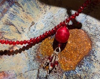Red Crystal Necklace, Holiday necklace with Shell Pearl, Austrian Crystal, Silver