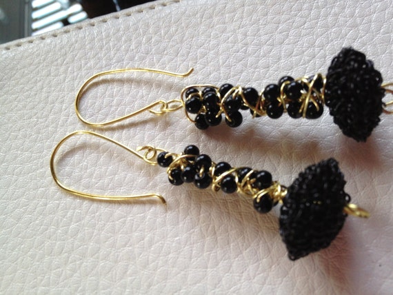 Items similar to Tangled Wire Earrings, Black and Gold on Etsy