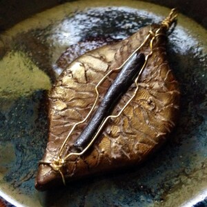 Polymer Clay Pendant necklace, Leaf and Twig Gold Plated Wire wrapped Pendant