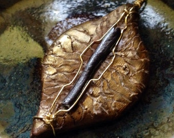 Polymer Clay Pendant necklace, Leaf and Twig Gold Plated Wire wrapped Pendant