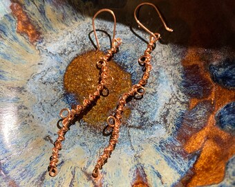 Copper Wire Wrapped Earrings, funky Boho Long Statement Earrings, Free US Shipping!