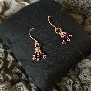 Copper and Crystal Earrings, Dangle earrings with Deep Magenta Crystals