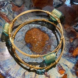 Bangle Bracelet Set of Two, Aqua and Gold Beaded Bangles, Stacking Bangles