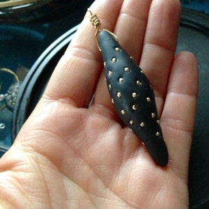 Gold Studded Polymer Clay Pendant Necklace with Black leather cord, Free US Shipping