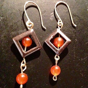 Bronze Dangle Earrings, Hematite and Carnelian Boho Earrings, Free US shipping!
