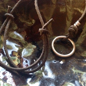 Surfer Necklace with Brown Leather cord and Silver Plated Steel Circle, adjustable Circle Necklace