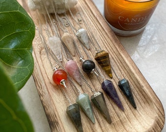 Natural Crystal Pendulums | Amethyst, Aventurine, Tiger’s Eye, Rainbow Moonstone, Pyrite, Rose Quartz, Clear Quartz, Labradorite.