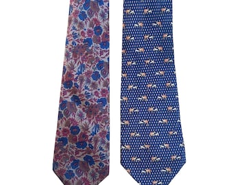 Zestaw 2 krawatów z włoskiego jedwabiu w stylu vintage | Teo Grimaldi z nadrukiem w jelenie i kwiaty | EUC