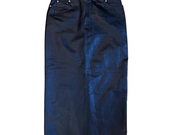 Vintage 90er Jahre Newport News Jeanology Schwarzer Leder-Maxirock mit hohem Bund