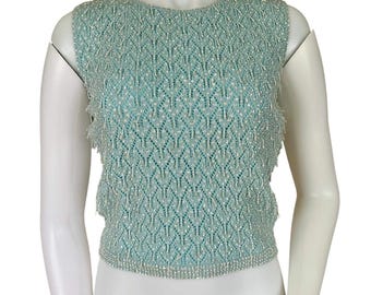 Vintage Nat Allen Hollywood Hand Beaded Sequin Knit Top Aqua Blue Size Small