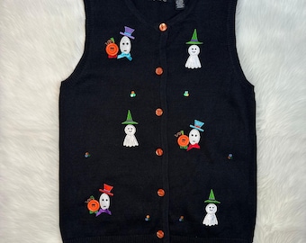 Y2K Crystal Kobe Ugly Halloween Sweater Vest with Embroidered Ghosts