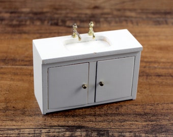 White Dollhouse Sink & Cabinet, Wood, 1:12, Vintage