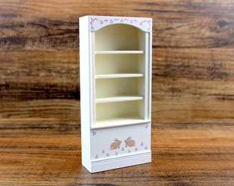 White Dollhouse Bookshelf with Rabbit Accents, Wood, 1:12, Vintage