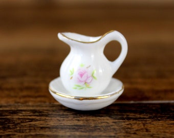 Floral Dollhouse Jug Pitcher & Wash Basin Set, Porcelain, 1:12, Vintage