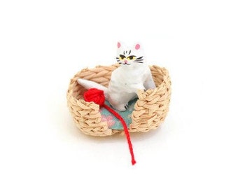 Miniature White Cat Figurine in Wicker Basket with Toy, Dollhouse Pet