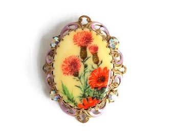 Orange Painted Cabochon Brooch in Gold Filigree Frame, Flower Pin, Vintage
