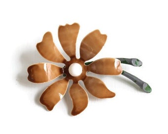 Enamel Daisy Brooch, Brown & Green Flower Pin, Vintage