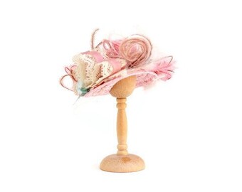 Pink Dollhouse Hat with Feathers, Artisan-Made, 1:12, Vintage