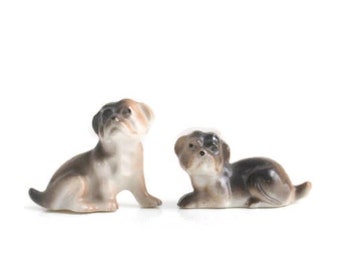 Set of 2 English Bulldog Figurines, Dollhouse Pet, Porcelain, Vintage