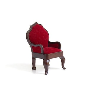 Dollhouse Armchair with Red Velvet Cushion, Wood, 1:12, Vintage