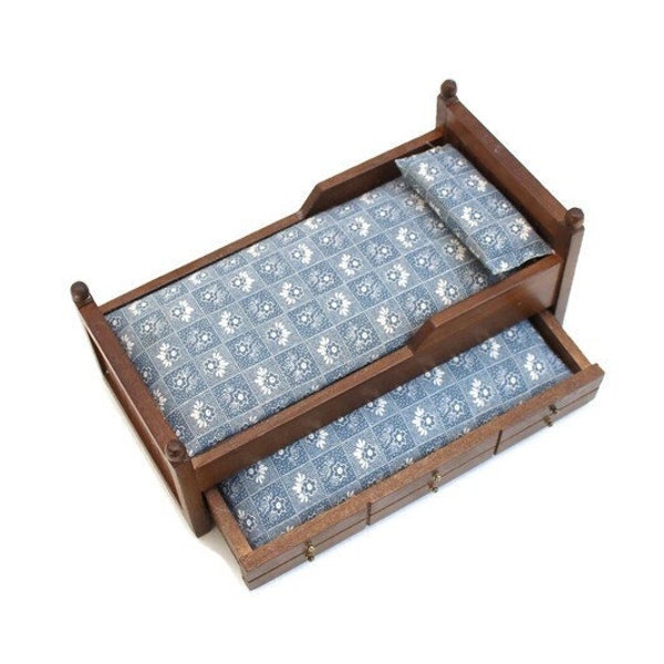 Dollhouse Trundle Bed with Blue Floral Bedding, Wood, 1:12, Vintage