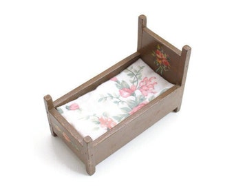 Dollhouse Bed with Floral Decoupage Accents & Bedding, Wood, 1:12, Vintage